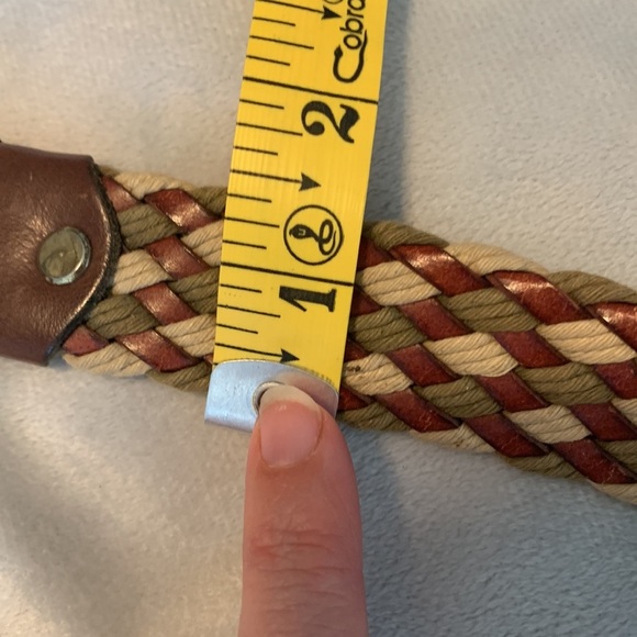 Italian braided leather belt brown green tan brass rounded buckle Italy size 37 - Picture 3 of 7